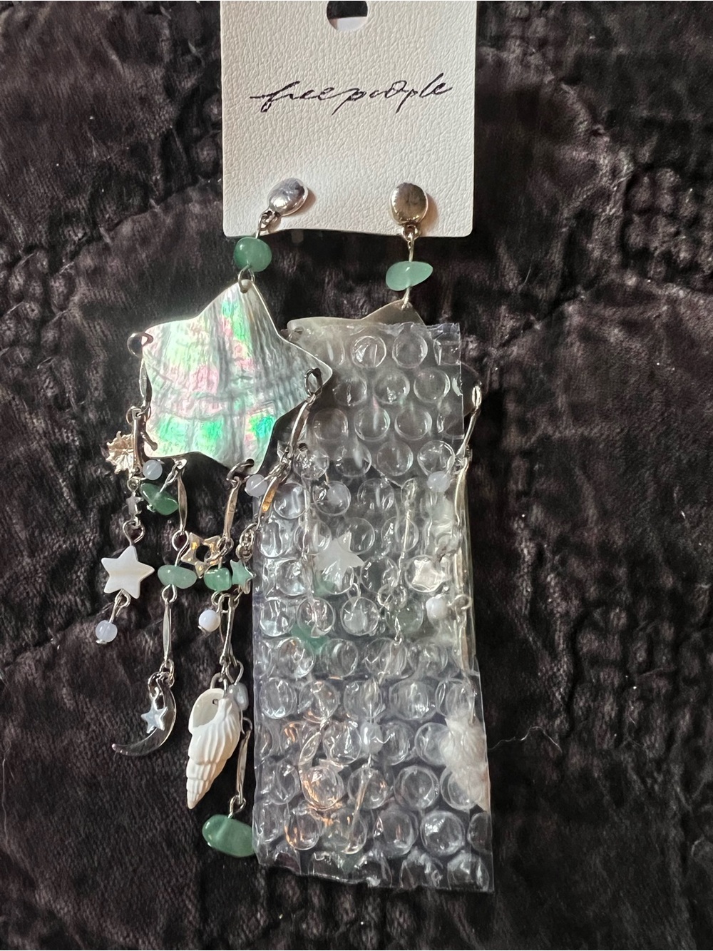 Free People Iridescent Shell Star Drop Earrings with Green Beads